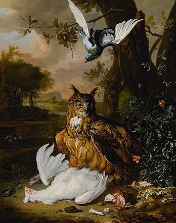 德克·瓦尔肯堡（Dirk Valkenburg）的《欧亚鹰鸮与其他鸟类在风景中》