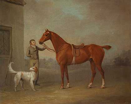 乔治·黑格（George Haigh）的《亚堡先生的栗子猎人罗宾汉被一个新郎抱着一只狗在山上》（Mr.Yarburgh）