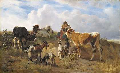 安东·布雷思（Anton Braith）的《牧羊人与奶牛和山羊在夏季牧场上的田园牧歌》