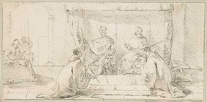 乔瓦尼·巴蒂斯塔·蒂波洛的《两个和尚跪在一位教长和一位皇帝面前（教长齐亚尼和皇帝巴巴罗萨）》