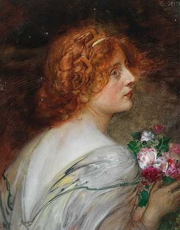 爱德华·维思（Eduard Veith）的《一个年轻女人的侧影，手里拿着一束玫瑰花》