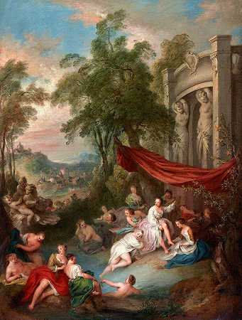 让·巴蒂斯特·帕特尔的《喷泉附近的女性洗澡者》（睡莲在泳池中洗澡）