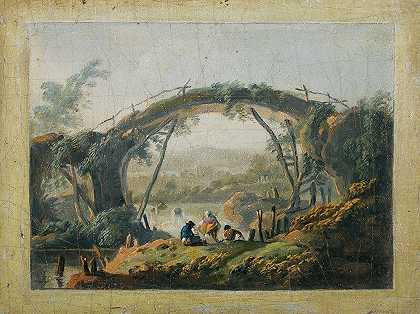 Jean-Baptiste Pillement的《一对河流风景，人物走近桥梁》