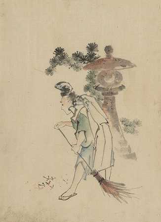 “一名男子正在清扫从石头神社附近的树上掉下的松针”，作者：Katsushika Hokusai