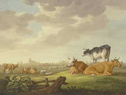 “草地上的牛羊，远处的城市，左边是艾尔伯特·库普（Aelbert Cuyp）的送奶工