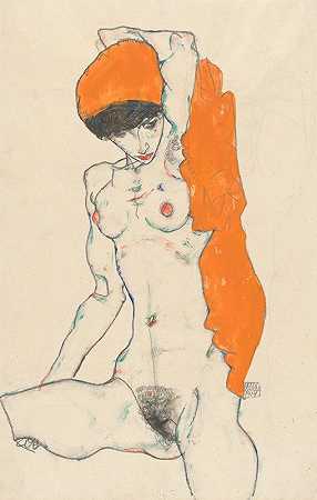 埃贡·席勒的《橙色窗帘的站立裸体》