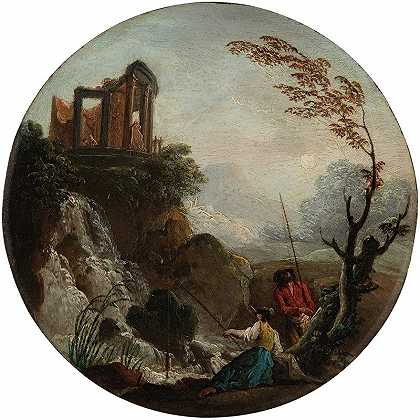 “一对夫妇在瀑布底部钓鱼，上面是查尔斯·弗朗索瓦·格雷尼尔·德·拉克鲁瓦的废墟