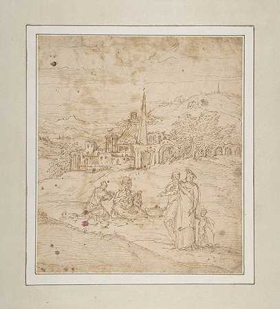 长者乔瓦尼·巴蒂斯塔·皮托尼（Giovanni Battista Pittoni）的《风景中的站立和坐姿与方尖碑》