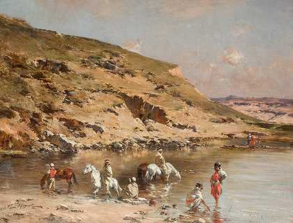 维克多·胡格特的《Baignade de Chevaux》（阿尔及利亚大篷车在落基山上为马洗澡）