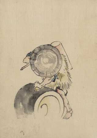 “一个男人，戴着一顶大圆锥形帽子，穿着一件稻草或羽毛服装，作者：Katsushika Hokusai