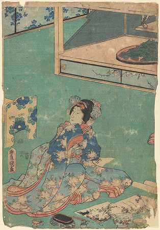 “身穿蓝色和服的女子，用阴影作为背景，由宇川丰树精心刺绣粉红色牡丹