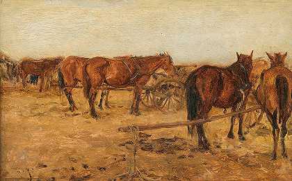 奥古斯特·冯·佩滕科芬的《放松的马和马车》
