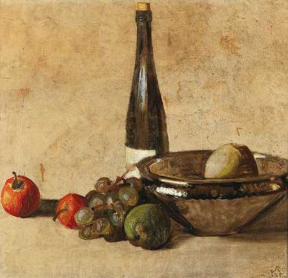 库尔特·施维特斯的《葡萄酒瓶和水果的静物》