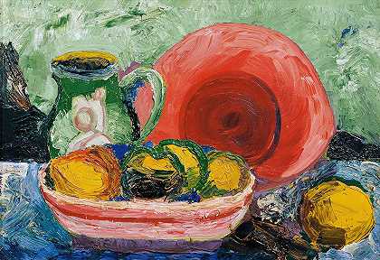 海德维希·瓦格纳的《红色盘子、罐子和柠檬的静物》
