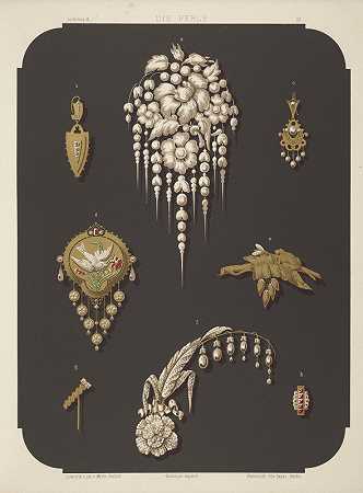 《珠宝的八种设计，包括带有珍珠和花朵的大别针》