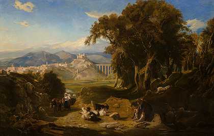 托马斯·哈特利·克罗梅克（Thomas Hartley Cromek）的《翁布里亚坎帕尼亚的景色》（campagna），远处是斯波莱托（Spoleto），前景是牧羊人和他的羊群