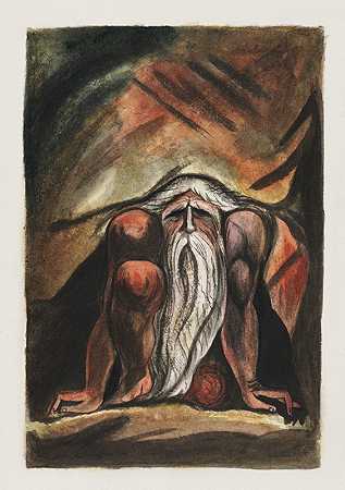 威廉·布莱克（William Blake）绘制的一个蓄着胡子的男人蹲着的插图