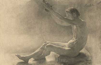 乔泽夫·哈努拉（Jozef Hanula）对一名裸体坐着、手臂抬起的男性的研究