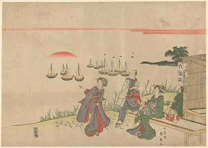 Katsukawa Shunsen的《两个女人和男人在品川湾看日出》