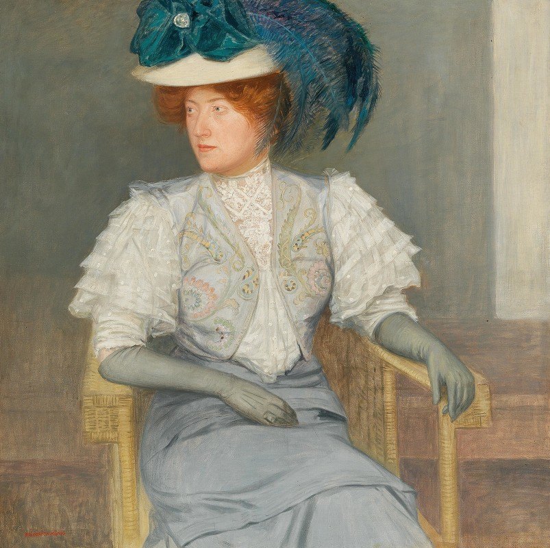 弗里德里希·科尼格（Friedrich König）的《戴着绿色羽毛帽子和针线的女性肖像》