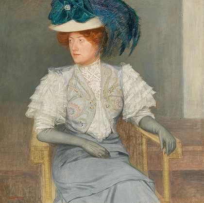 弗里德里希·科尼格（Friedrich König）的《戴着绿色羽毛帽子和针线的女性肖像》
