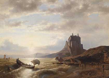 赫尔曼·奥托马·赫尔佐格（Hermann Ottomar Herzog）的《渔民的海岸风景》