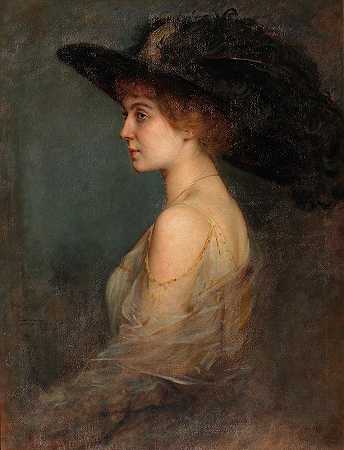 “阿瑟·冯·费拉里斯（Arthur Von Ferraris）的一位戴着大羽毛帽子的女士的侧面肖像