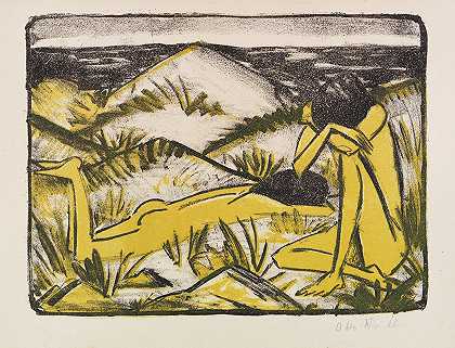 奥托·穆勒的《一个坐在沙丘上的女孩和一个躺着的女孩》