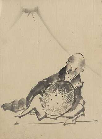 “一位僧侣斜倚着，面前拿着一顶大圆锥形帽子，背景中的富士山由北斋胜信拍摄