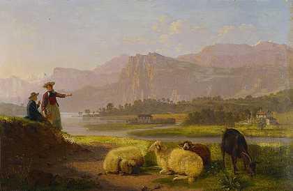 约翰·雅各布·比德曼的《卢塞恩附近的湖畔与放牧群》