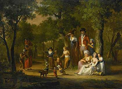 威廉·雷德莫·比格的《林地风景中的一家人与吉普赛人和跳舞的狗的肖像》