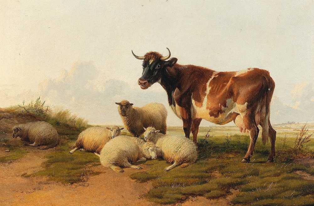 托马斯·西德尼·库珀的《草地上的羊和牛》