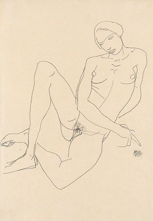 埃贡·席勒的《坐着的裸女，烤腿》