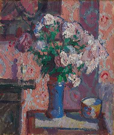 哈罗德·吉尔曼的《蓝色花瓶里的玫瑰》