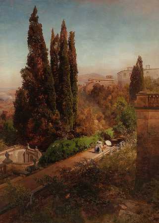 奥斯瓦尔德·阿肯巴赫（Oswald Achenbach）在罗马弗拉斯卡蒂托罗尼亚别墅花园的高空俯瞰