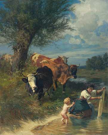 约翰·鲁道夫·科勒的《小溪附近的奶牛和洗衣工》