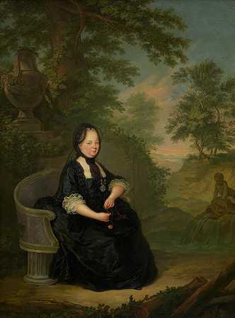 “玛丽亚·特蕾莎穿着寡妇服装，坐在János Donát的石凳上
