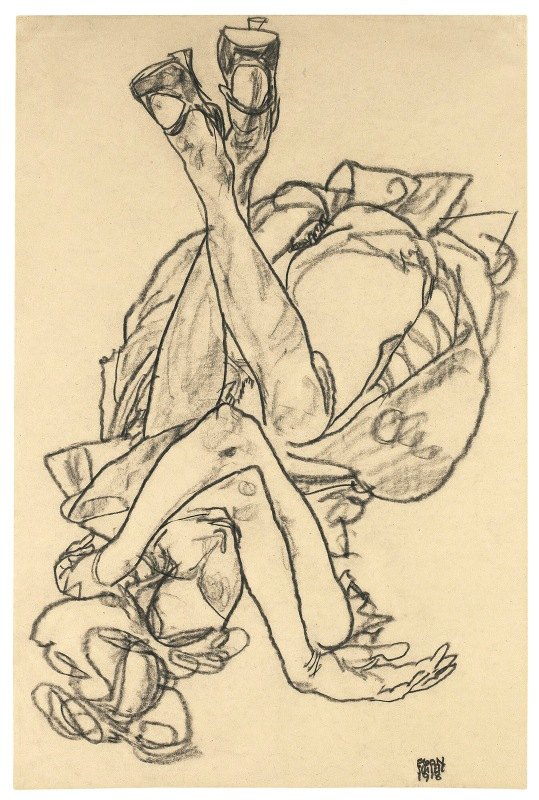 埃贡·席勒的《双臂和双腿交叉躺在背上的女孩》