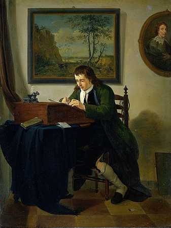 年轻人扬·埃克尔斯的《一个人在桌子上写字》