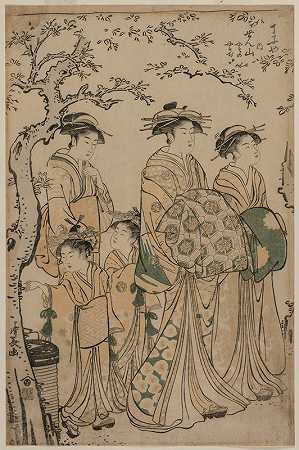 《Chojiya的Courtesan Senzan与她的Kamuro Yasono、Yasoji和Two Shinzo漫步》，作者：Torii Kiyonaga