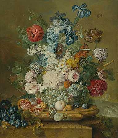 雅各布斯·林托斯特的《牡丹、报春花、鸢尾花、郁金香、罂粟花和其他花卉与葡萄、甜瓜、石榴、桃子、李子和坚果的静物》