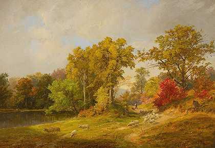 Jasper Francis Cropsey的《牧羊人、狗和羊的秋天风景》