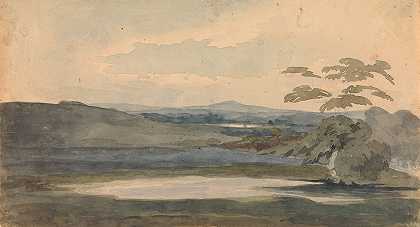 托马斯·萨利（Thomas Sully）的《树木和山脉的风景，前景中的湖泊》