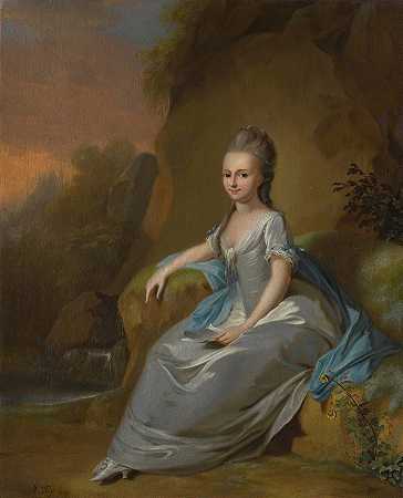 安东·威廉·蒂施贝因（Anton Wilhelm Tischbein）拍摄的伊丽莎白·冯·布雷滕巴赫（elisabeth von breitenbach）的肖像，身穿蓝色连衣裙，坐在风景中