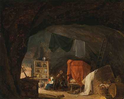 Hubert Robert的《洞穴内部的一家人》