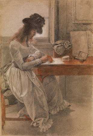 “艺术家的女儿，塞西莉亚，坐在写字台旁”，作者：Johan Joseph Zoffany