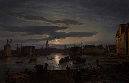 约翰·克里斯蒂安·达尔的《月光下的哥本哈根港》