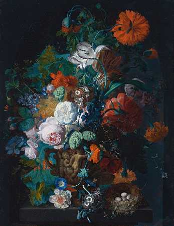 Jan van Huysum的《雕刻石花瓶中的玫瑰、郁金香、牡丹和其他花卉的静物，以及壁龛前石基座上的鸟巢》