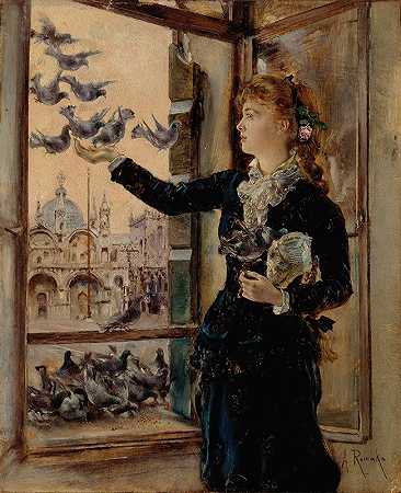安东·罗马科（Anton Romako）的《女孩在圣马可广场的窗口喂鸽子》