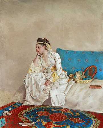 Jean Etienne Liotard的《穿着土耳其服装的女人，坐在沙发上》